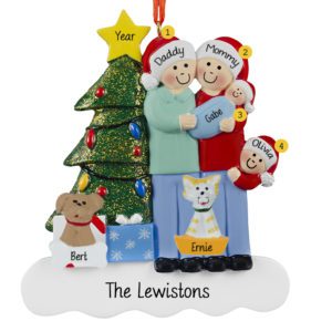 Family Of 4 With Baby BOY And 2 Pets Glittered Tree Ornament