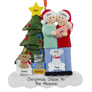 Family Of 3 With Baby GIRL And 3 Pets Glittered Tree Ornament