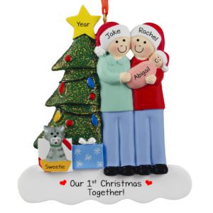 Image of Family Of 3 With Baby GIRL And Cat Glittered Tree Ornament