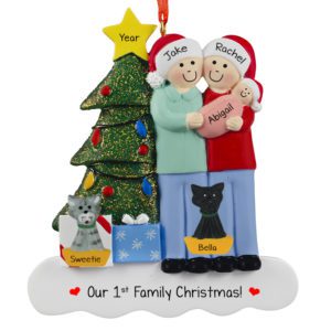 Family Of 3 With Baby GIRL And 2 Cats Glittered Tree Ornament