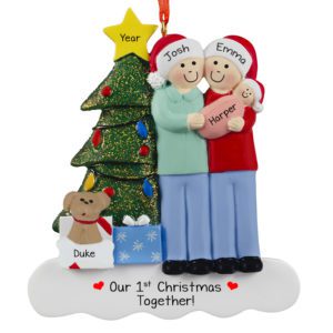Image of Family Of 3 With Baby GIRL And Dog Glittered Tree Ornament
