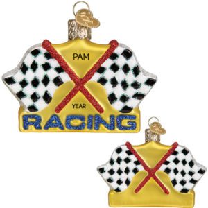 Image of Checkered Racing Flags Personalized Glittered Glass 3-D Ornament