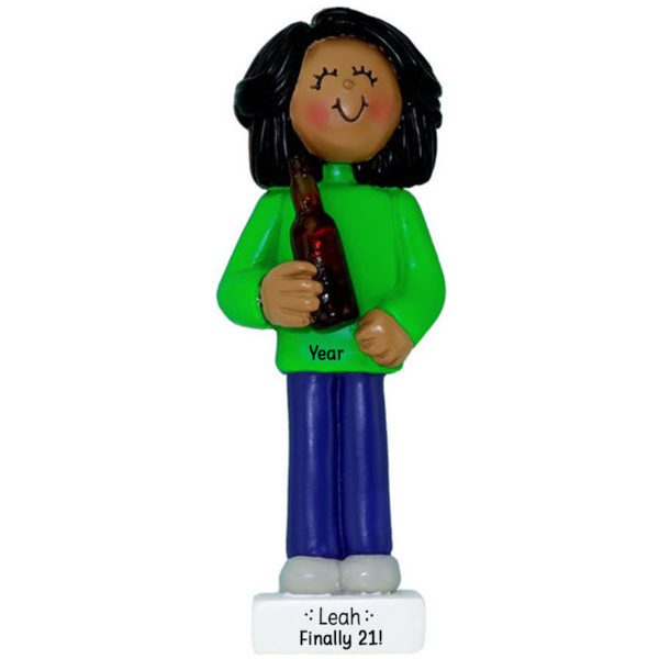 Personalized 21st Birthday FEMALE Holding Beer Ornament African American