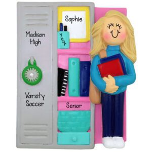 Image of Personalized BLONDE Female At SILVER Locker With Books Ornament
