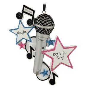 Image of Personalized Born To Sing Glittered Microphone And Stars Ornament PINK