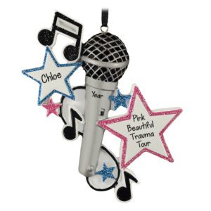 Personalized Concert Souvenir Glittered Microphone And Stars Ornament PINK