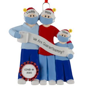 Personalized Family Of Three Wearing Masks During COVID Ornament