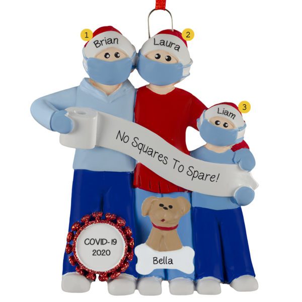 Personalized Family Of Three Wearing Masks During COVID And Pet Ornament