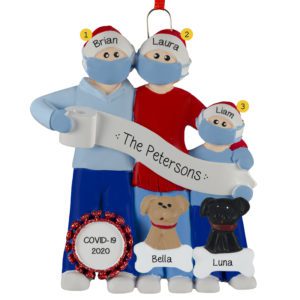 Family Of Three Wearing Masks During COVID And 2 Pets Ornament