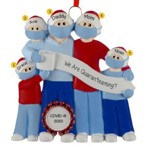 Personalized Family Of Five Wearing Masks During COVID Ornament