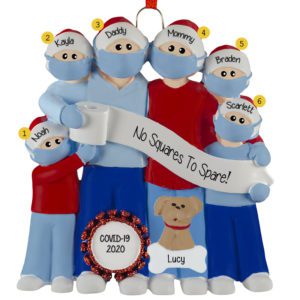 Personalized Family Of Six Wearing Masks With 1 Pet Ornament