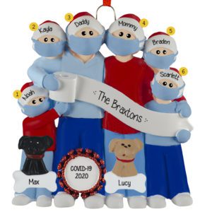 Personalized Family Of Six Wearing Masks With 2 Pets Ornament
