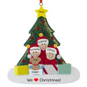 Personalized Family Of 3 With Dog Glittered Tree Ornament