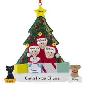 Personalized Family Of 3 With 3 Pets Glittered Tree Ornament