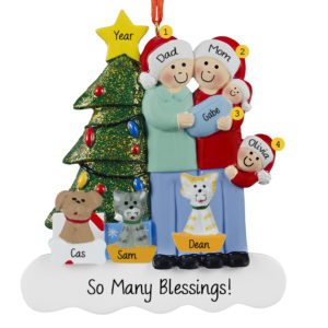 Family Of 4 With Baby BOY And 3 Pets Glittered Tree Ornament