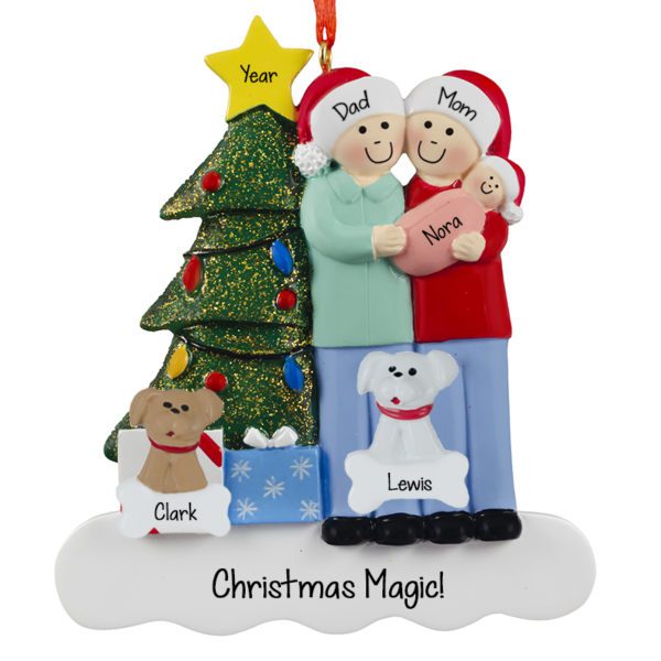Family Of 3 With Baby GIRL And 2 Pets Glittered Tree Ornament
