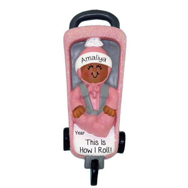 Image of Personalized African American Baby GIRL Glittered Stroller Ornament PINK