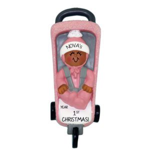 Personalized African American Baby GIRL'S 1st Christmas Glittered Stroller Ornament PINK