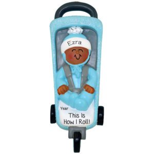 Personalized African American Baby BOY In Glittered Stroller Ornament BLUE