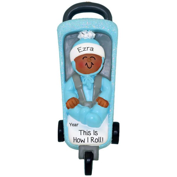Personalized African American Baby BOY In Glittered Stroller Ornament BLUE