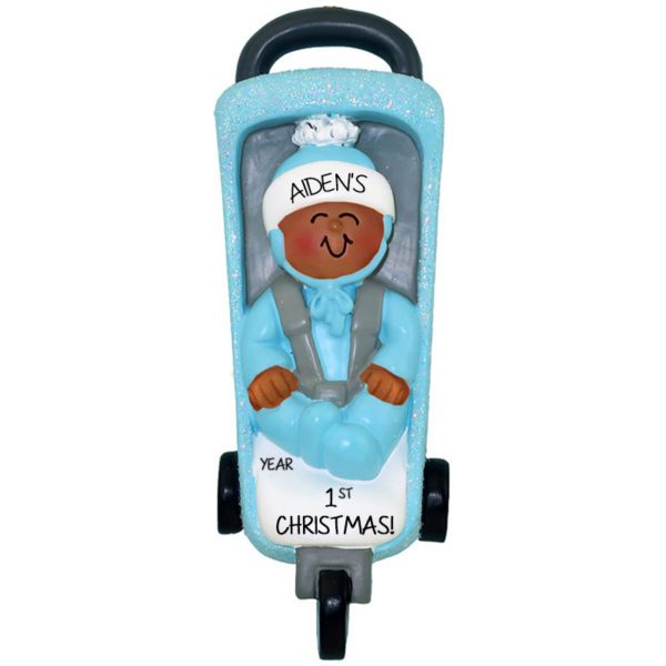 Personalized African American Baby BOY'S 1st Christmas Glittered Stroller Ornament BLUE