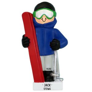 Image of Personalized MALE Skier With GREEN Goggle Holding Skis Ornament