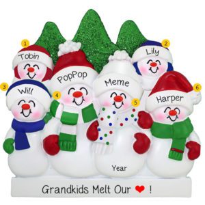 Personalized Grandparents With 4 Grandkids Snowman And Glittered Trees Ornament