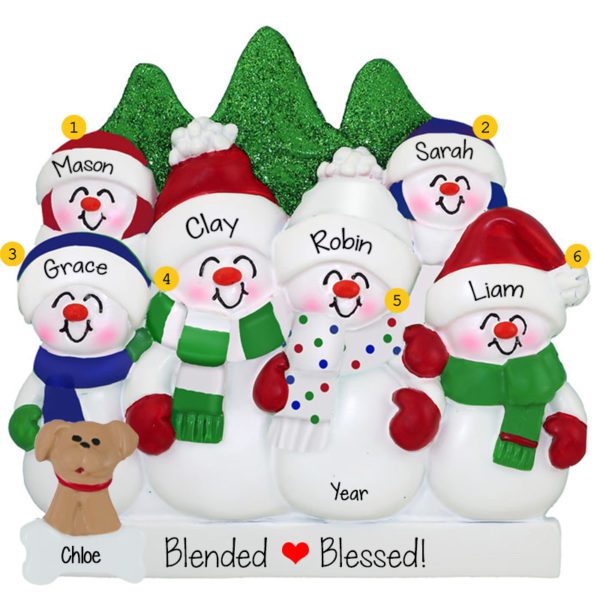 Personalized Snow Family Of 6 With Dog Glittered Trees Ornament