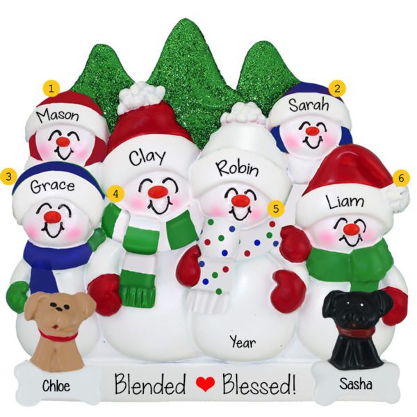 Personalized Snow Family Of 6 With 2 Pets Glittered Trees Ornament