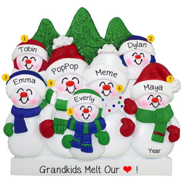 Personalized Grandparents With 5 Grandkids Snowmen With Glittered Trees Ornament