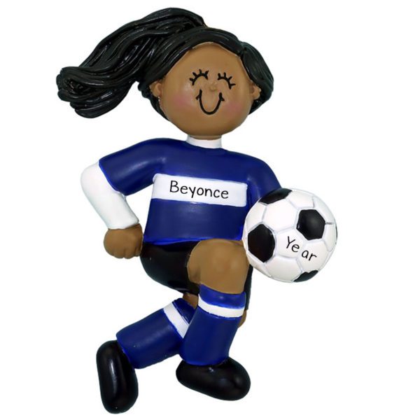 Personalized African American GIRL Kicking Soccer Ball Ornament BLUE Uniform