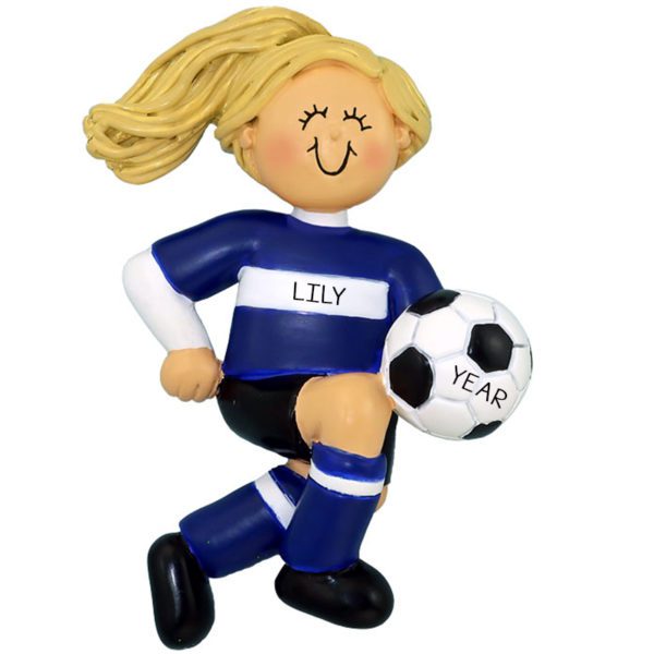 Image of Personalized GIRL Kicking Soccer Ball Ornament BLUE Uniform BLONDE
