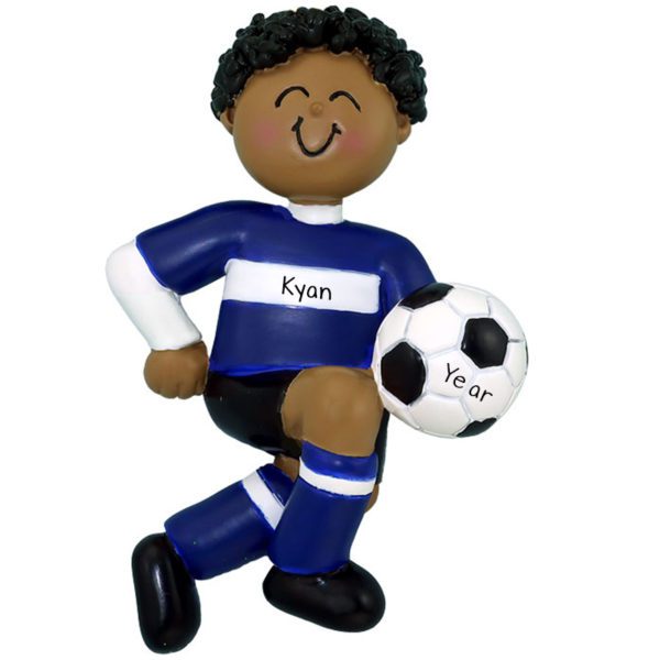 Personalized African American BOY Kicking Soccer Ball Ornament BLUE Uniform