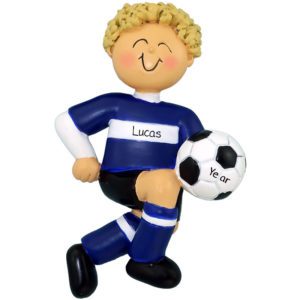 Image of Personalized BOY Kicking Soccer Ball Ornament BLUE Uniform BLONDE