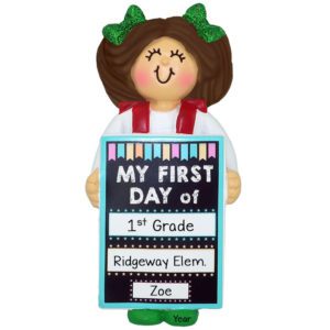 Personalized GIRL Holding First Day Of School Chalkboard Ornament BRUNETTE