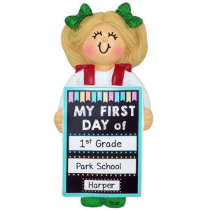 Personalized GIRL Holding First Day Of School Chalkboard Ornament BLONDE