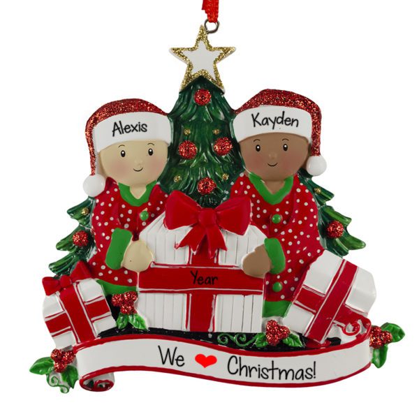 Personalized Interracial Couple Opening Presents By Tree Ornament