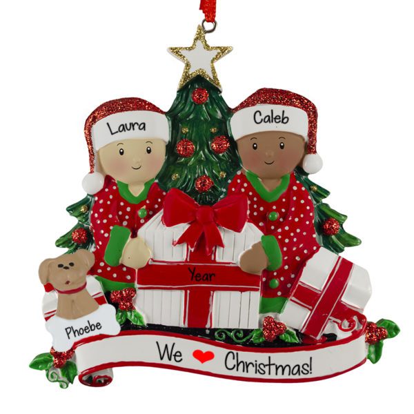 Personalized Interracial Couple With A Pet Opening Presents By Tree Ornament