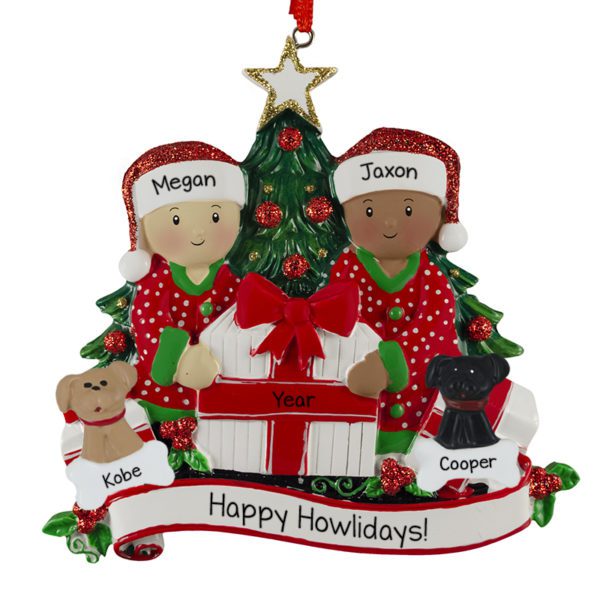Personalized Interracial Couple With Two Dogs Opening Presents By Tree Ornament
