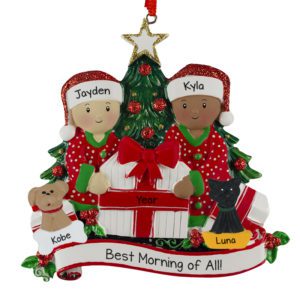 Personalized Interracial Couple With Cat And Dog Opening Presents By Tree Ornament