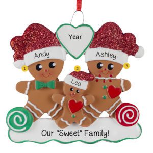 Personalized Gingerbread Family Of Three Glittered Ornament