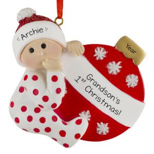 RED Personalized Grandson's 1st Christmas Polka Dotted PJs And Ball Ornament
