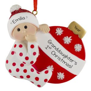 RED Personalized Granddaughter's 1st Christmas Polka Dotted PJs And Ball Ornament