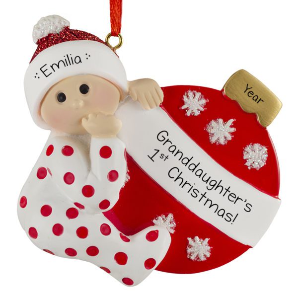 RED Personalized Granddaughter's 1st Christmas Polka Dotted PJs And Ball Ornament