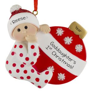 RED Personalized Goddaughter's 1st Christmas Polka Dotted PJs And Ball Ornament