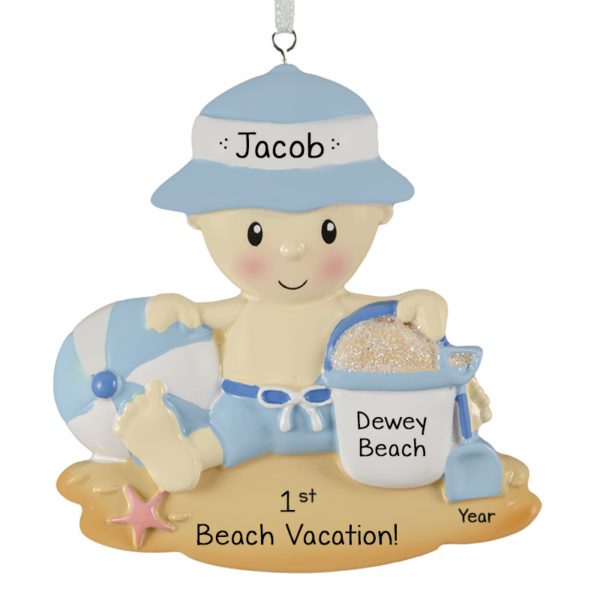 Personalized Baby BOY On Beach Ornament BLUE