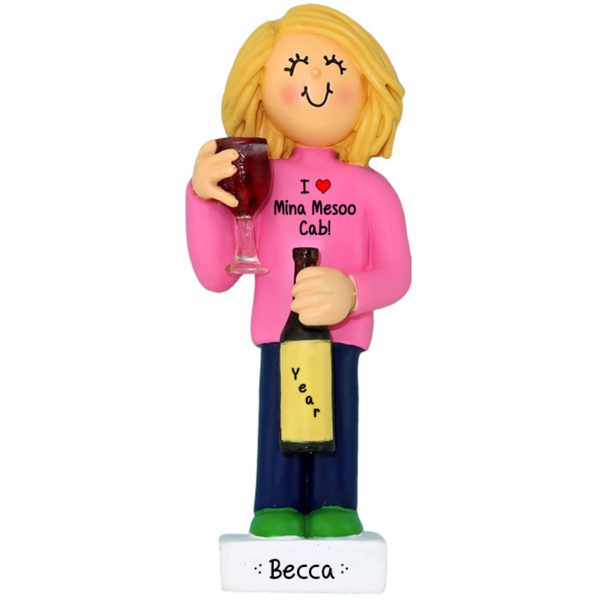 Personalized FEMALE Wine Lover Holding Bottle Ornament BLONDE