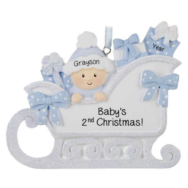 Personalized Baby BOY'S 2nd Christmas BLUE Glittered Sleigh Ornament