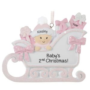 Personalized Baby GIRL'S 2nd Christmas PINK Glittered Sleigh Ornament
