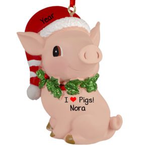 Personalized SITTING Pink Pig Wearing Santa Hat Ornament